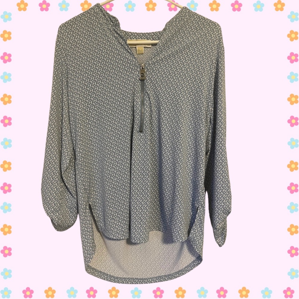 Michael Kors Blue/White Floral Zip Blouse Coastal Chic Light Academia Preppy M